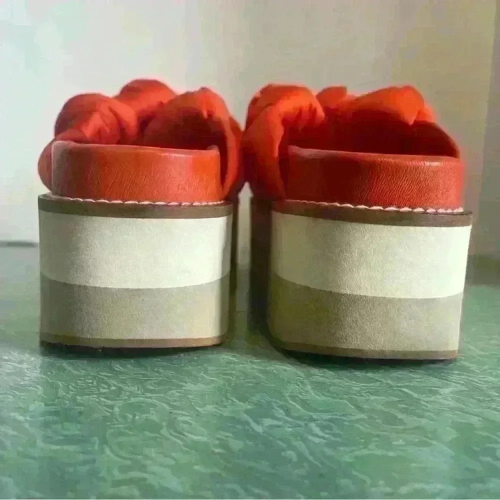GANNI SATIN KNOTTED PLATFORM SANDAL SLIDE CROSSOVER STRAPS RED 38 $375 - Picture 7 of 7